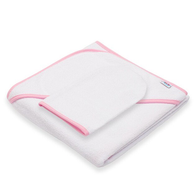 Kūdikio kilpinis rankšluostis su gobtuvu New Baby BASIC 80x80 baltai rožinis