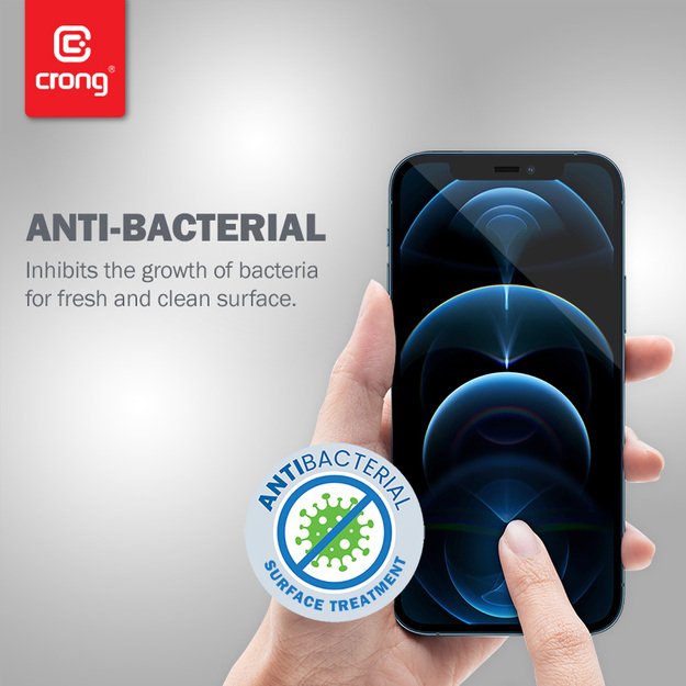 Crong Anti-Bacterial 3D Armor Glass – 9H grūdintas stiklas visam iPhone 12 Pro Max + montavimo rėmelio ekranui