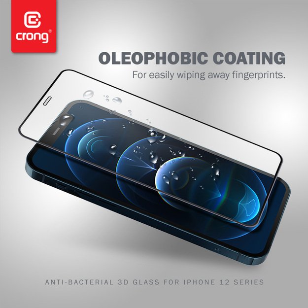 Crong Anti-Bacterial 3D Armor Glass – 9H grūdintas stiklas visam iPhone 12 Pro Max + montavimo rėmelio ekranui