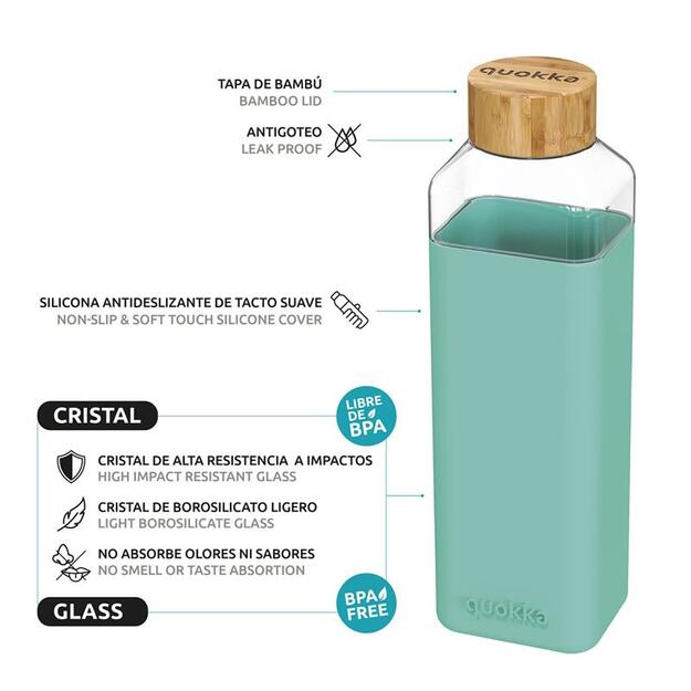 Quokka Storm - Stiklinis suapvalintas buteliukas su silikoniniu dangteliu 700ml (Teal)