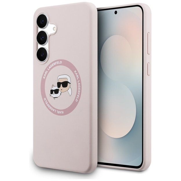 Karl Lagerfeld silikoninis Karl & Choupette galvučių MagSafe dėklas – Samsung Galaxy S25 FE (rožinis) 1
