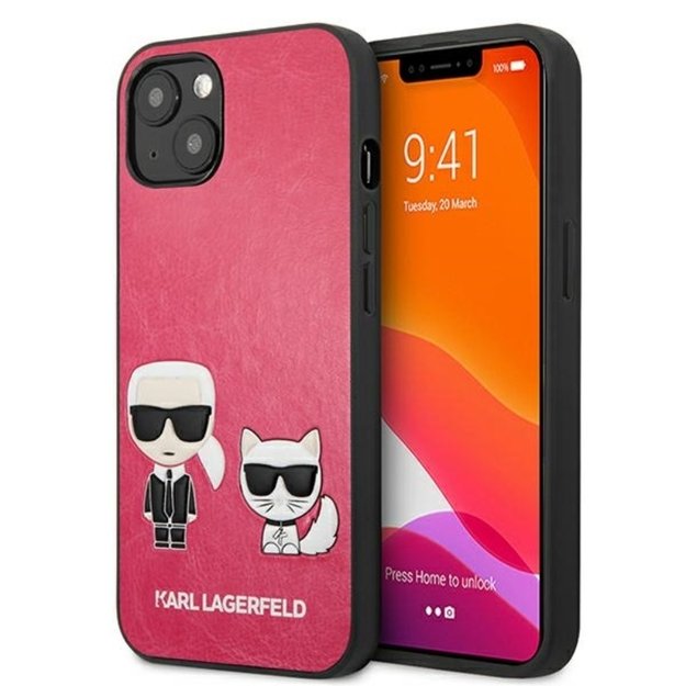 Karl Lagerfeld PU oda Karl & Choupette Reljefinis dėklas, skirtas iPhone 13 Mini (fuksija)