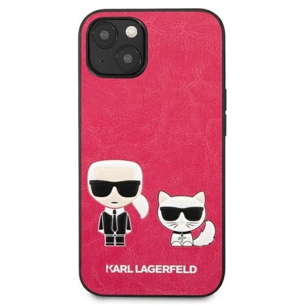 Karl Lagerfeld PU oda Karl & Choupette Reljefinis dėklas, skirtas iPhone 13 Mini (fuksija) 11