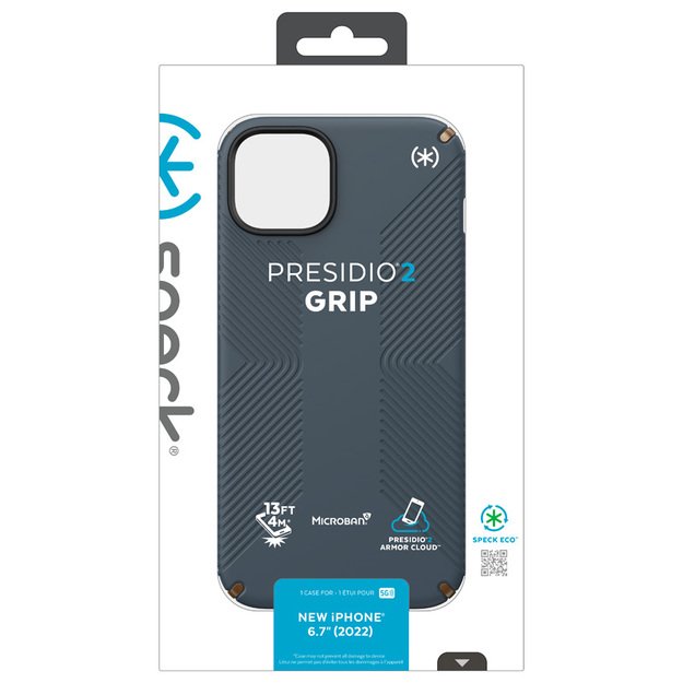 Presidio2 Grip – iPhone 15 Plus / 14 Plus dėklas su MICROBAN danga (anglis / šalta bronza / skalūnas)