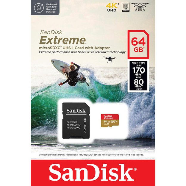 SanDisk Extreme microSDXC - Atminties kortelė 64 GB A2 V30 UHS-I U3 170/80 MB/s su adapteriu