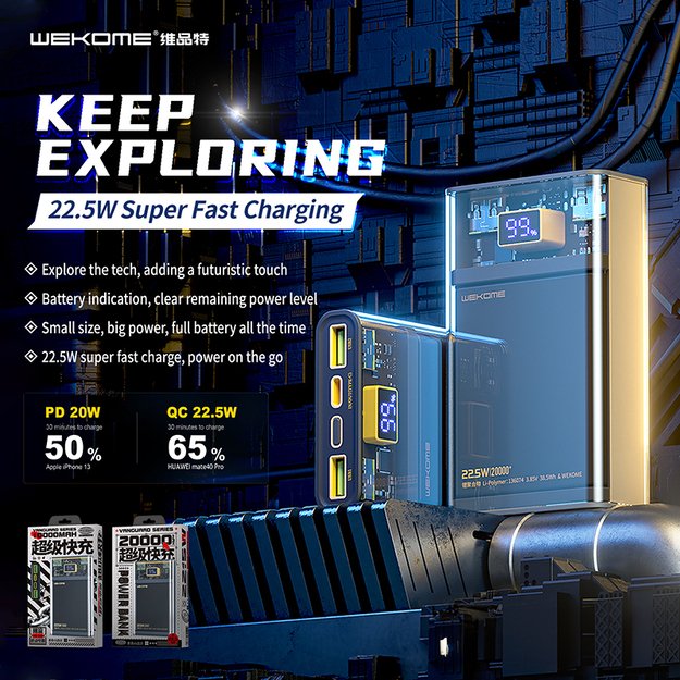 WEKOME WP-321 Vanguard serija – maitinimo blokas 20000 mAh Super Charging PD 20W + QC 22.5W (juodas / skaidrus) 13