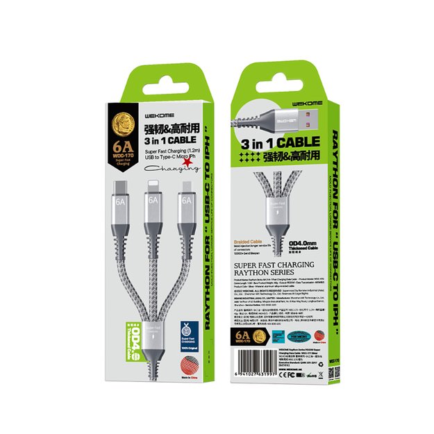 WEKOME WDC-170 Raython serija – trys viename USB-A į USB-C + Lightning + Micro USB 1,2 m greito įkrovimo PD laidas (sidabrinis) 22