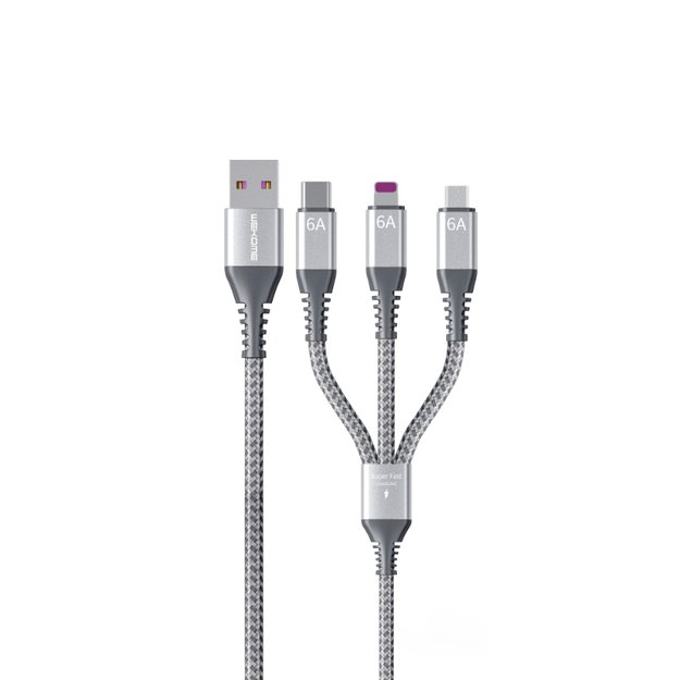 WEKOME WDC-170 Raython serija – trys viename USB-A į USB-C + Lightning + Micro USB 1,2 m greito įkrovimo PD laidas (sidabrinis) 21