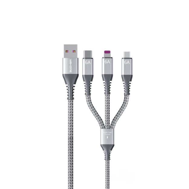 WEKOME WDC-170 Raython serija – trys viename USB-A į USB-C + Lightning + Micro USB 1,2 m greito įkrovimo PD laidas (sidabrinis)