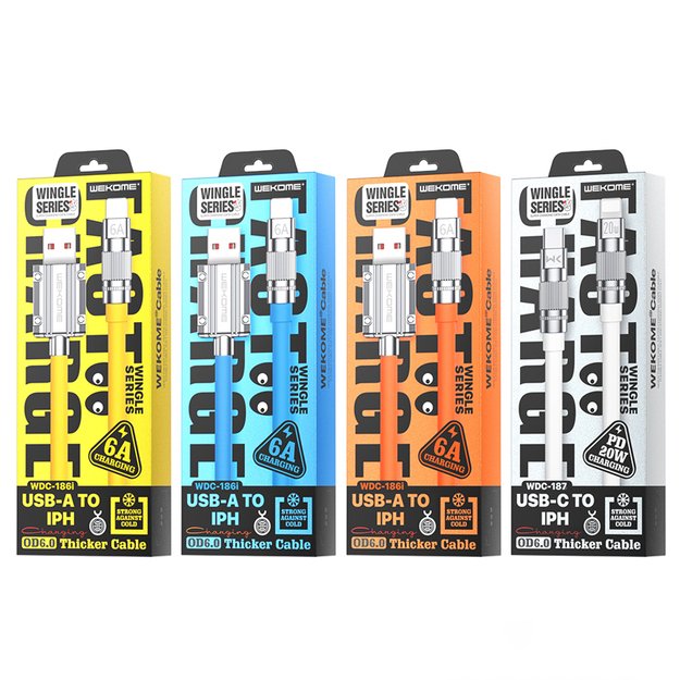 WEKOME WDC-186 Wingle serija – USB-A ir žaibiško įkrovimo jungties laidas, 1 m (oranžinė) 5