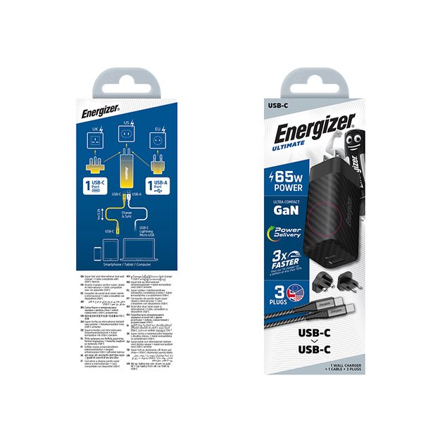 Energizer Ultimate – kelių kištukų ES / JK / JAV GaN USB-C ir USB-A 65 W PD maitinimo įkroviklis + USB-C laidas (juodas)