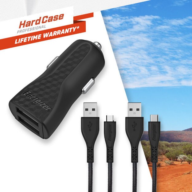 Energizer HardCase – automobilinis įkroviklis 2x USB-A 2.4A + USB-C ir mikro USB laidas (juodas)