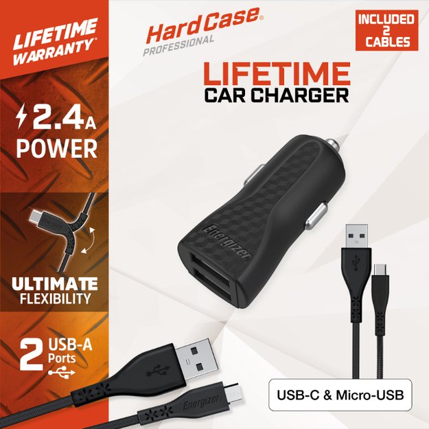 Energizer HardCase – automobilinis įkroviklis 2x USB-A 2.4A + USB-C ir mikro USB laidas (juodas)