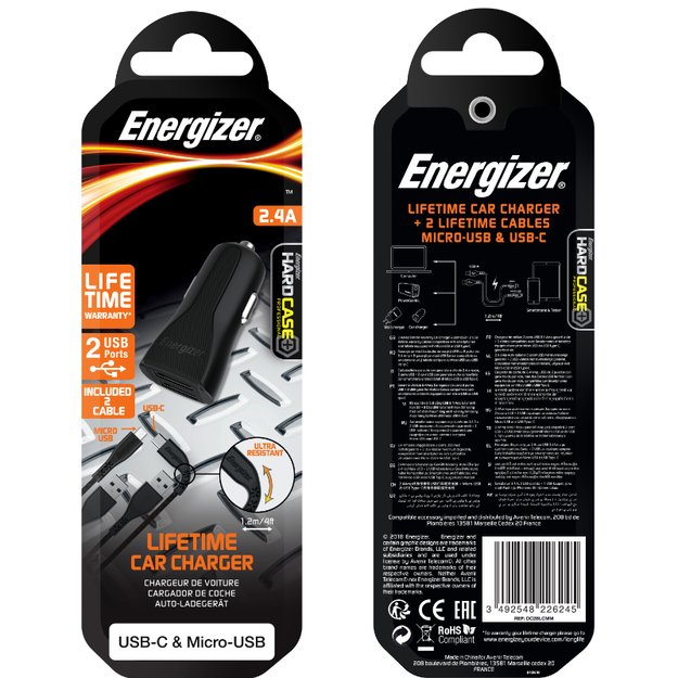 Energizer HardCase – automobilinis įkroviklis 2x USB-A 2.4A + USB-C ir mikro USB laidas (juodas)