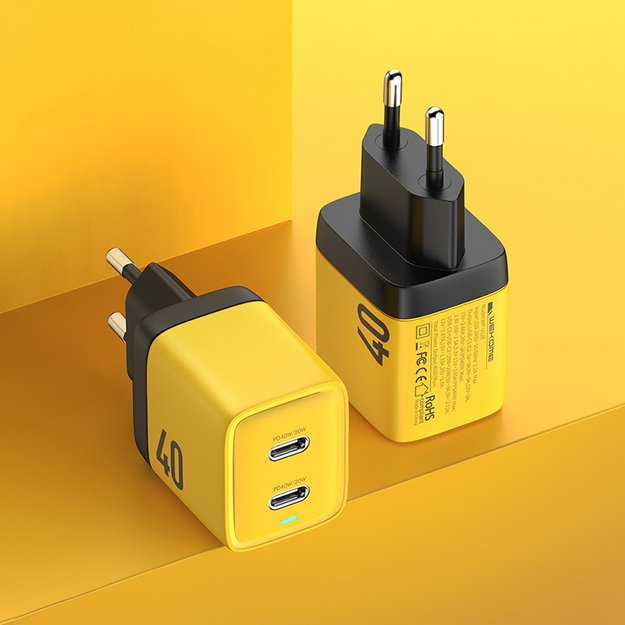 WEKOME WP-U128 – 2x USB-C itin greito įkrovimo GaN 40 W tinklo įkroviklis (geltonas)