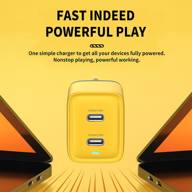 WEKOME WP-U128 – 2x USB-C itin greito įkrovimo GaN 40 W tinklo įkroviklis (geltonas) 33