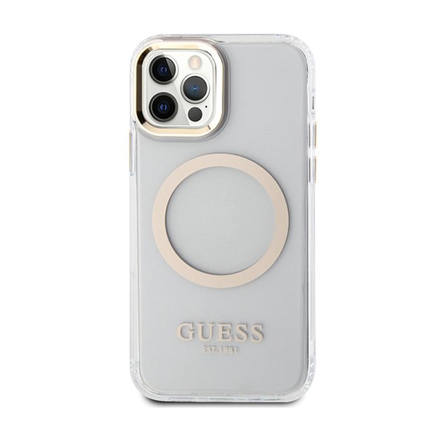 Guess Metal Outline MagSafe – dėklas, skirtas iPhone 12 / iPhone 12 Pro (skaidrus / auksinis)