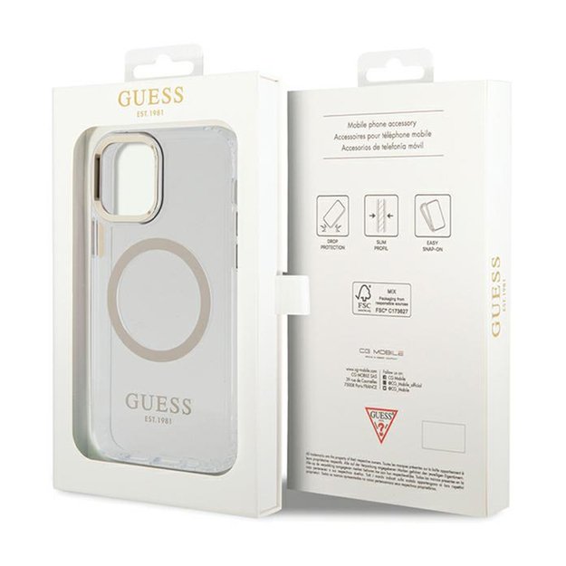 Guess Metal Outline MagSafe – dėklas, skirtas iPhone 12 / iPhone 12 Pro (skaidrus / auksinis)