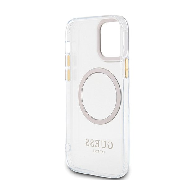 Guess Metal Outline MagSafe – dėklas, skirtas iPhone 12 / iPhone 12 Pro (skaidrus / auksinis) 15