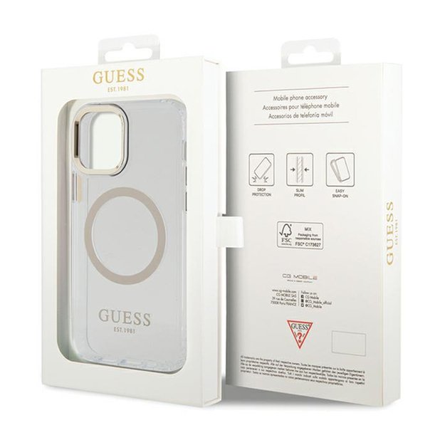 Guess Metal Outline MagSafe – dėklas, skirtas iPhone 12 / iPhone 12 Pro (skaidrus / auksinis) 16