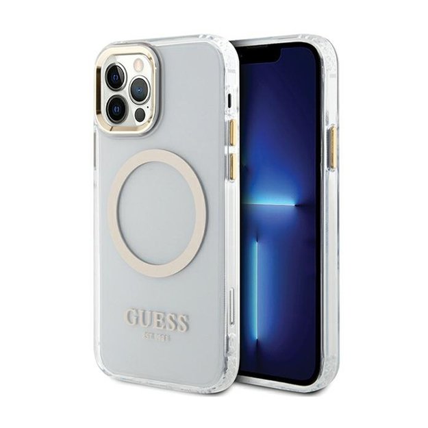 Guess Metal Outline MagSafe – dėklas, skirtas iPhone 12 / iPhone 12 Pro (skaidrus / auksinis)