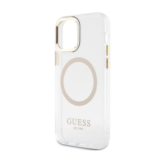 Guess Metal Outline MagSafe – dėklas, skirtas iPhone 12 / iPhone 12 Pro (skaidrus / auksinis)