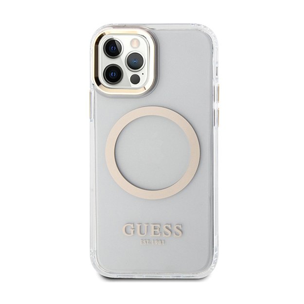 Guess Metal Outline MagSafe – dėklas, skirtas iPhone 12 / iPhone 12 Pro (skaidrus / auksinis) 11