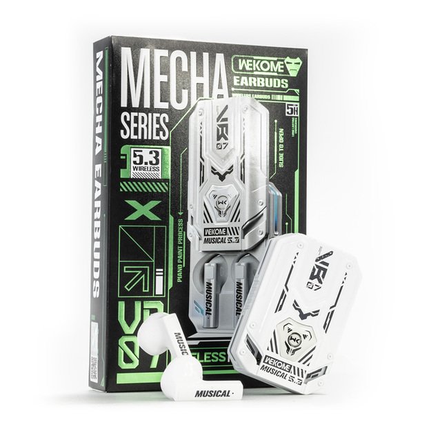 WEKOME VB07 Mecha serija – Bluetooth V5.3 TWS belaidės ausinės su įkrovimo dėklu (balta) 3
