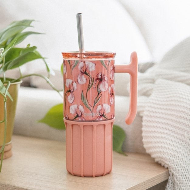 Quokka Umi - 720 ml Stainless Steel Thermal Mug with Straw and Silicone Coaster (Floral Coral) 3