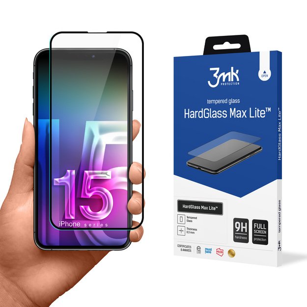 3mk HardGlass Max Lite – grūdintas stiklas, skirtas iPhone 15 (juodas)