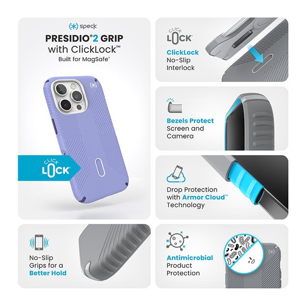 Speck Presidio2 Grip ClickLock & MagSafe – dėklas, skirtas iPhone 16 Pro (ateities levandų spalva / Cassis violetinė / balta)