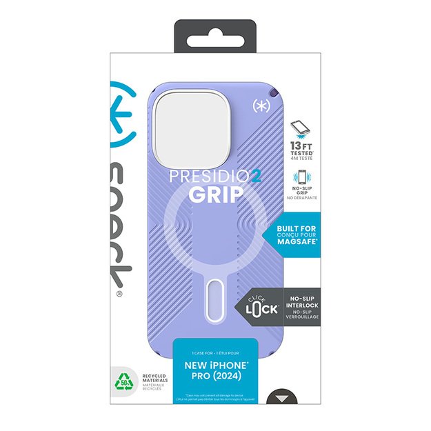 Speck Presidio2 Grip ClickLock & MagSafe – dėklas, skirtas iPhone 16 Pro (ateities levandų spalva / Cassis violetinė / balta)