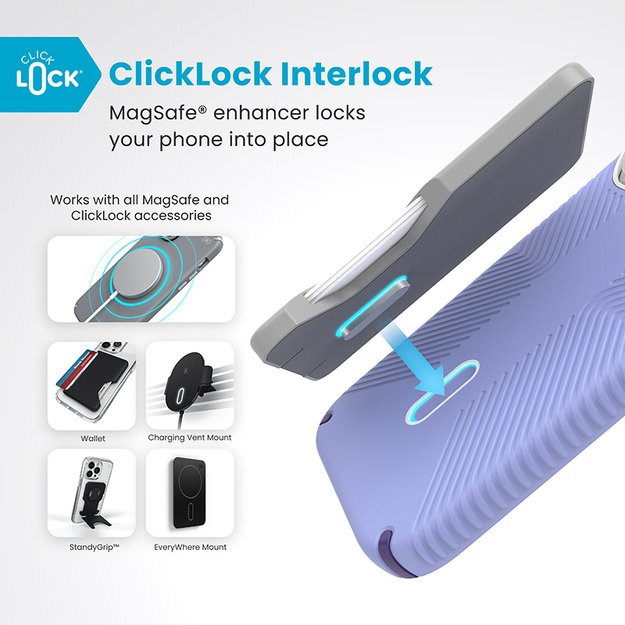 Speck Presidio2 Grip ClickLock & MagSafe – dėklas, skirtas iPhone 16 Pro (ateities levandų spalva / Cassis violetinė / balta)