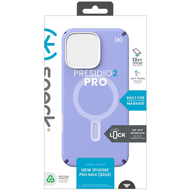 Speck Presidio2 Pro ClickLock & MagSafe – dėklas, skirtas iPhone 16 Pro Max (ateities levandų spalva / Cassis violetinė / balta)