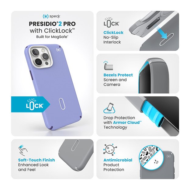 Speck Presidio2 Pro ClickLock & MagSafe – dėklas, skirtas iPhone 16 Pro Max (ateities levandų spalva / Cassis violetinė / balta) 17