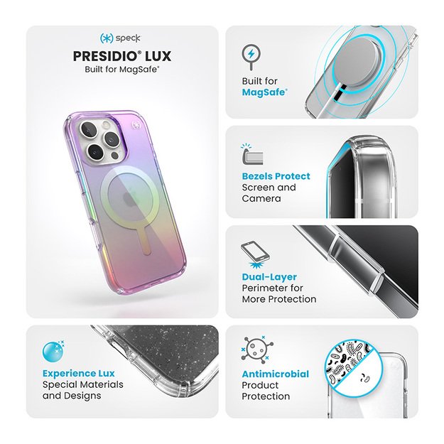 Speck Presidio2 Lux MagSafe – dėklas, skirtas iPhone 16 Pro (nuostabiai violetinė / skaidrus)