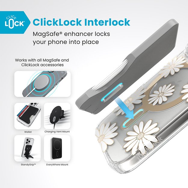 Speck Presidio Lux ClickLock & MagSafe – dėklas, skirtas „iPhone 16 Pro“ („Sunshine Daisies“ / skaidrus / auksinis)