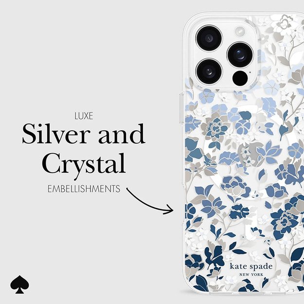 Kate Spade Niujorko apsauginiai brangakmeniai „MagSafe“ – „iPhone 16 Pro Max“ dėklas (mėlyna gėlių lova) 23