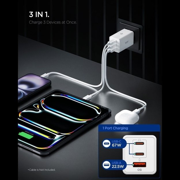 Spigen Essential EE673EU GaN Pro - Wall Charger 2x USB-C + USB-A 67W (White)