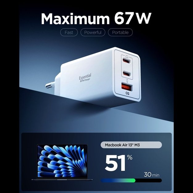 Spigen Essential EE673EU GaN Pro - Wall Charger 2x USB-C + USB-A 67W (White)