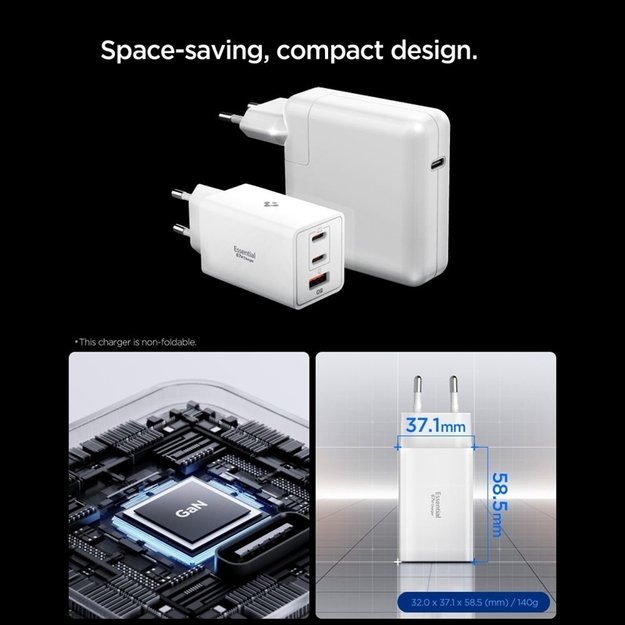 Spigen Essential EE673EU GaN Pro - Wall Charger 2x USB-C + USB-A 67W (White)