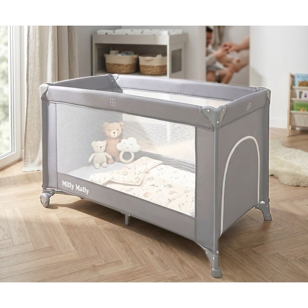 Milly Mally Mirage grey travel cot in a portable bag