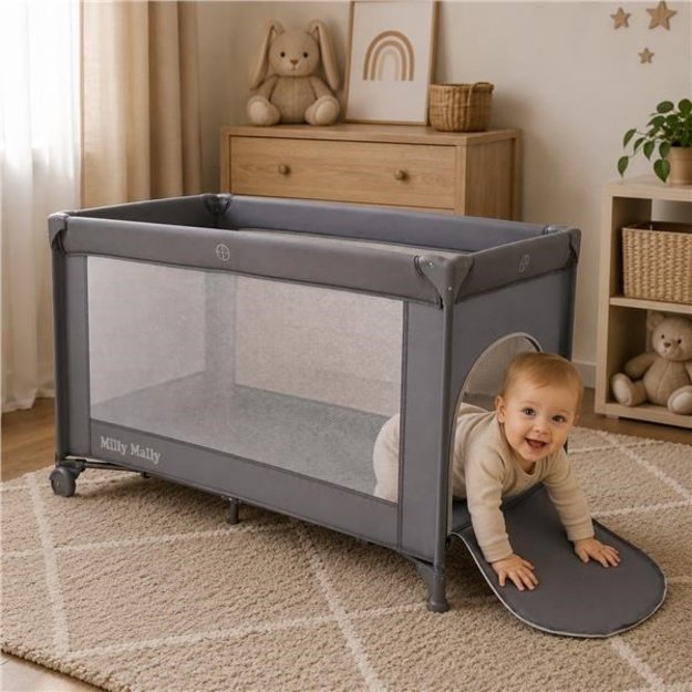 Milly Mally Mirage grey travel cot in a portable bag