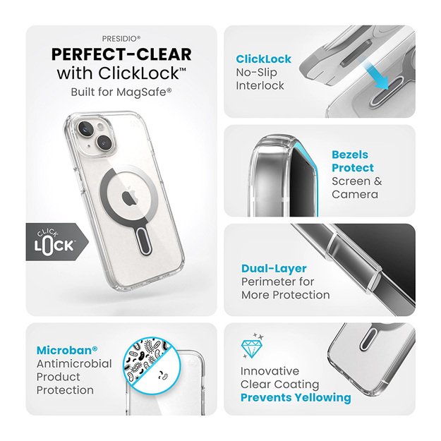 Speck Presidio Perfect-Clear ClickLock & Magsafe – „iPhone 15“ / „iPhone 14“ / „iPhone 13“ dėklas (skaidrus / chromo apdaila / ramus sidabras)