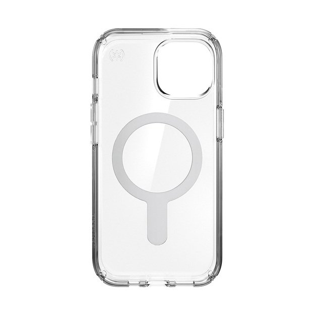 Speck Presidio Perfect-Clear ClickLock & Magsafe – „iPhone 15“ / „iPhone 14“ / „iPhone 13“ dėklas (skaidrus / chromo apdaila / ramus sidabras)