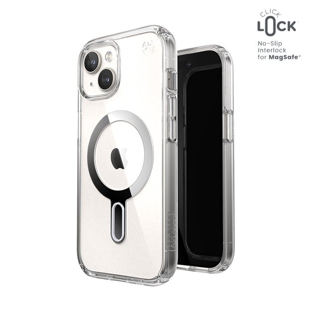 Speck Presidio Perfect-Clear ClickLock & Magsafe – „iPhone 15“ / „iPhone 14“ / „iPhone 13“ dėklas (skaidrus / chromo apdaila / ramus sidabras)