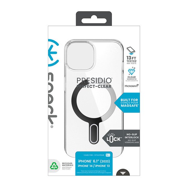 Speck Presidio Perfect-Clear ClickLock & Magsafe – „iPhone 15“ / „iPhone 14“ / „iPhone 13“ dėklas (skaidrus / chromo apdaila / ramus sidabras)