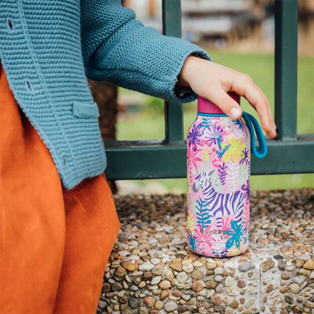 Quokka Solid Kids su dirželiu - Nerūdijančio plieno dvigubas sienelės vakuuminis vandens butelis, nešiojamas termosas 330 ml (Zebrai) 2