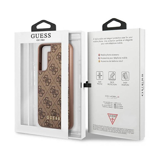 Guess 4G metalinis logotipas – dėklas, skirtas Samsung Galaxy S23 (rudas)
