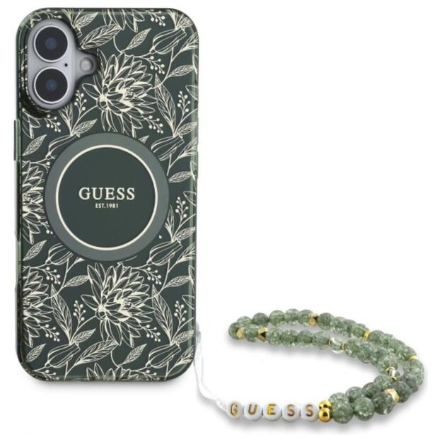 Guess IML Flowers Allover Electro su perlų dirželiu MagSafe – dėklas, skirtas iPhone 16 Plus (žalias)